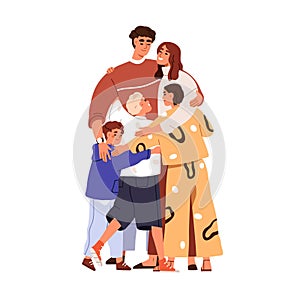 Family hugs. Happy parents and kids embracing, love and support. Smiling mom, dad and son, daughter. Mother, father and