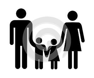 Family icon, adult with children sign, man and woman holding hands of boy and girl, father mother daughter and son - vector