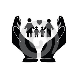 Family Icon.  Family care icon. the hand  is holding a family vector icon