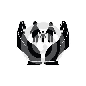 Family Icon.  Family care icon. the hand  is holding a family vector icon