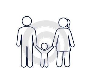 Family icon, father, mother and child holding hands, isolated symbol, line art, parents with baby