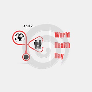 Family icon,Globe sign and stethoscope vector logo design template.World Health Day icon.World Health Day idea campaign concept.