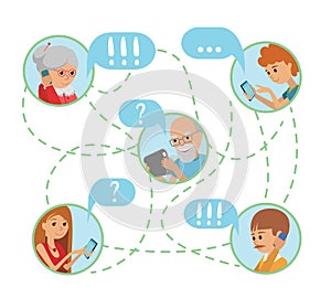 Family illustration flat style people faces online social media communications.
