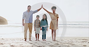 Family insurance, parents and children on beach in portrait for vacation, summer holiday and travel security with love