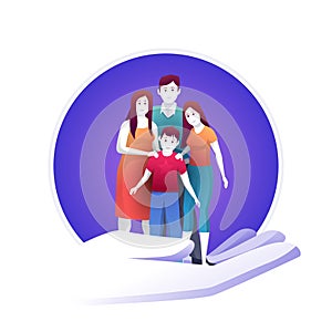 Family insurance serves family. Happy family are standing pose on the hand. Vector illustration