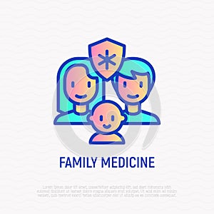 Family insurance thin line icon: mother, father, baby are protected by medical shield. Modern vector illustration