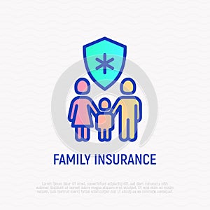 Family insurance thin line icon: mother, father, baby are protected by medical shield. Modern vector illustration