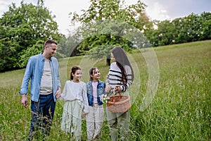 Family on interesting walk in forest, going through meadow. Mushroom, herbs medical plants or flowers picking, foraging