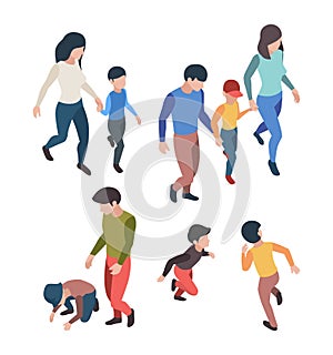 Family isometric. People father mother children playing walking happy parents garish vector persons