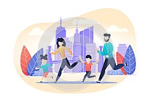 Family Jogging Exercise on City Street Cartoon