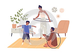 Family with kid exercising, twirling hula hoop. Happy mother, father and child doing sports at home. Active parent and