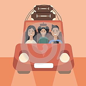 Family with kid going on vacation, road trip, journey by car. Travel concept, people in vehicle, transportation.