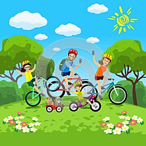 Family with kids concept of cycling in the park. Happy family riding bikes. The family in the park on bicycles