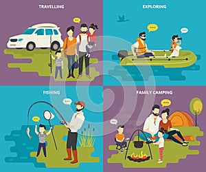 Family with kids concept flat icons set of travelling, fishing and camping
