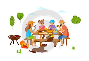 Family with kids and dog at a picnic in the park, eating, grilling, make bbq