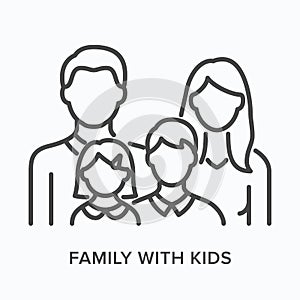 Family with kids flat line icon. Vector outline illustration of parent. Black thin linear pictogram wife, husband and