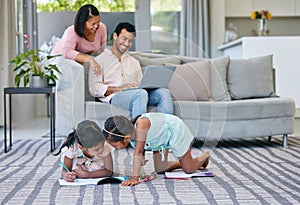 Family, kids and happy in living room with drawing or playing, fun and educational for child development. Parent, girl