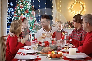 Family with kids having Christmas dinner at tree