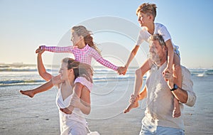 Family, kids and holiday at the beach with parents with children on mom and dad shoulder. Vacation, having fun and