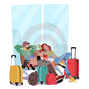 Family With Kids Sprawled In Airport Terminal, Exhausted Parents And Children Characters Sitting On Benches And Sleeping