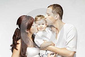 Family Kiss, Mother Father Kissing Child, Parents and Kid