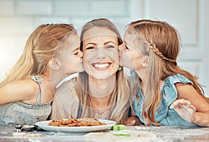 Family, kiss and smile in kitchen for cooking, love and bonding with children on mothers day. Happy mom and kids, baking
