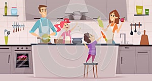 Family kitchen. Kids boys and girls helping preparing food to their parents vector cartoon background