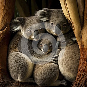 A family of koalas snuggling in the branches of a eucalyptus tree