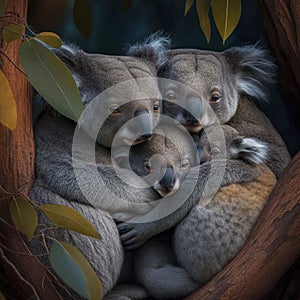 A family of koalas snuggling in the branches of a eucalyptus tree