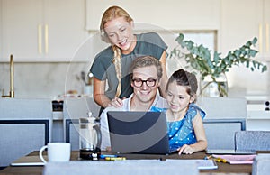 Family, laptop and distance learning child or parent working from home on internet for educational games or remote work