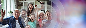 Family laughing on couch with blurry purple transition