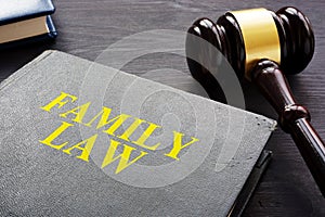 Family Law book and gavel on a desk.