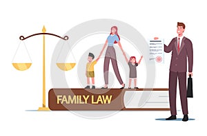 Family Law, Divorce, Child Custody or Alimony Concept. Tiny Mother Character with Kids and Attorney at Huge Scales photo
