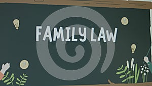 Family Law inscription on green chalkboard background. Graphic presentation of positive teaching process at college