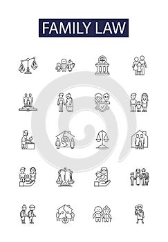 Family law line vector icons and signs. law, legal, people, lawyer, concept, background, gavel,justice outline vector