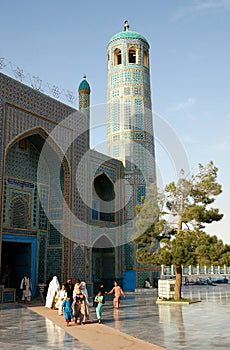 A family leave the Blue Mosque in Mazar i Sharif, Afghanistan