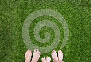 Family legs standing together on green grass