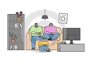 Family Leisure Concept. Happy Family Dad, Mom And Son Spending Time Together At Home Playing Video Games