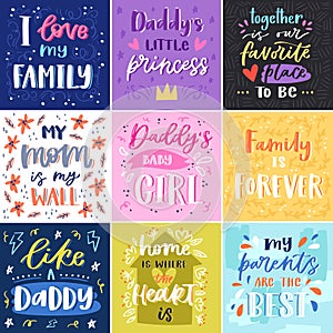 Family lettring vector lovely calligraphy lovable sign to mom dad iloveyou on Valentines day beloved card illustration