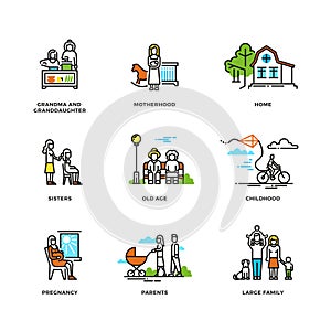 Family life, marriage and love, childhood and old age line vector icons