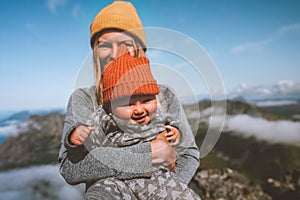 Family lifestyle baby with mother traveling together active healthy lifestyle