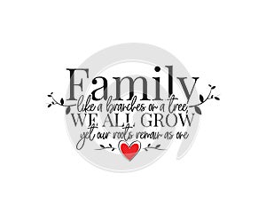 Family like a branches on a tree, we all grow yet our roots remain as one, vector. Wording design, lettering