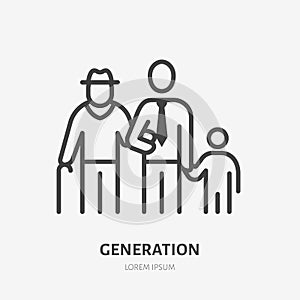 Family line icon, vector pictogram of three male generations - grandfather, father, son. Young boy with older relatives