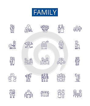 Family line icons signs set. Design collection of Kin, Relatives, Clan, Lineage, Descendants, Brood, Tribe, Kinfolk