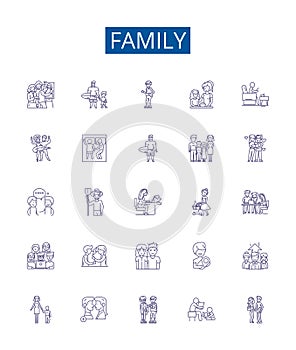 Family line icons signs set. Design collection of Kin, Relatives, Clan, Lineage, Descendants, Brood, Tribe, Kinfolk