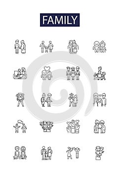 Family line vector icons and signs. Kin, Parents, Siblings, Household, Cousins, Children, Uncles, Aunts outline vector photo