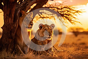 A family of lions in the African savanna at sunset