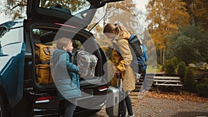 Family loading travel luggage into vehicle for leisure AIG41