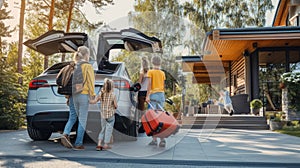 Family loading travel luggage into vehicle for leisure AIG41