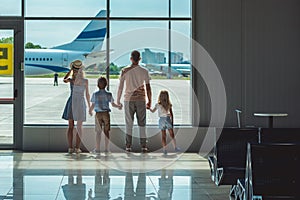 Family looking out window in airport